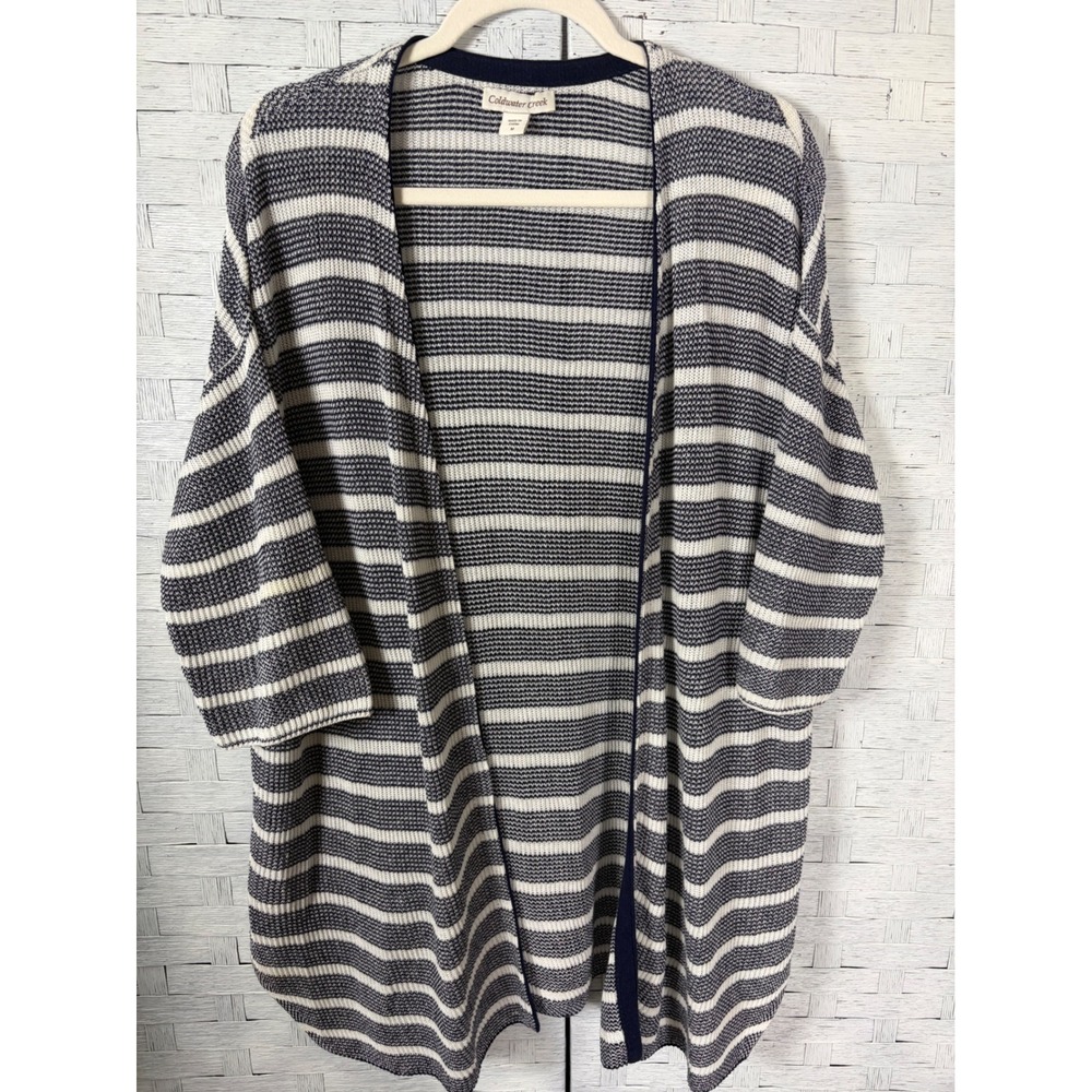 Coldwater Creek Women's Cardigan Navy White Striped Linen Blend Open Front